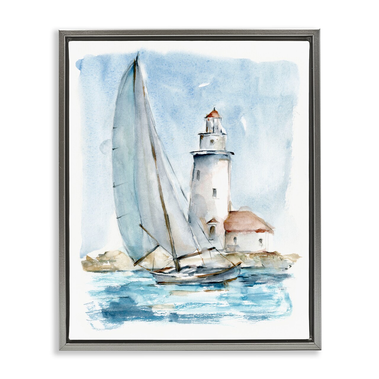 Stupell Industries Nautical Sailboat & Lighthouse Framed Floater Canvas Wall Art